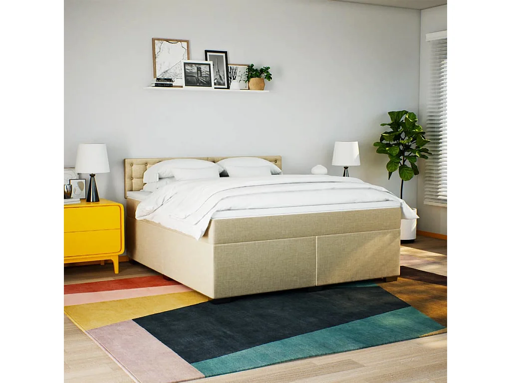 Cama box spring con colchón tela color crema 180x200 cm