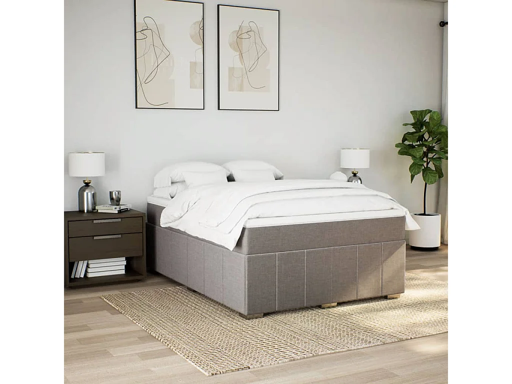 Cama box spring con colchón tela gris taupe 140x190 cm
