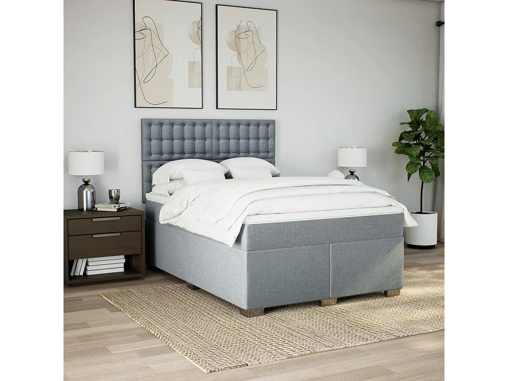 Cama box spring con colchón tela gris claro 160x200 cm