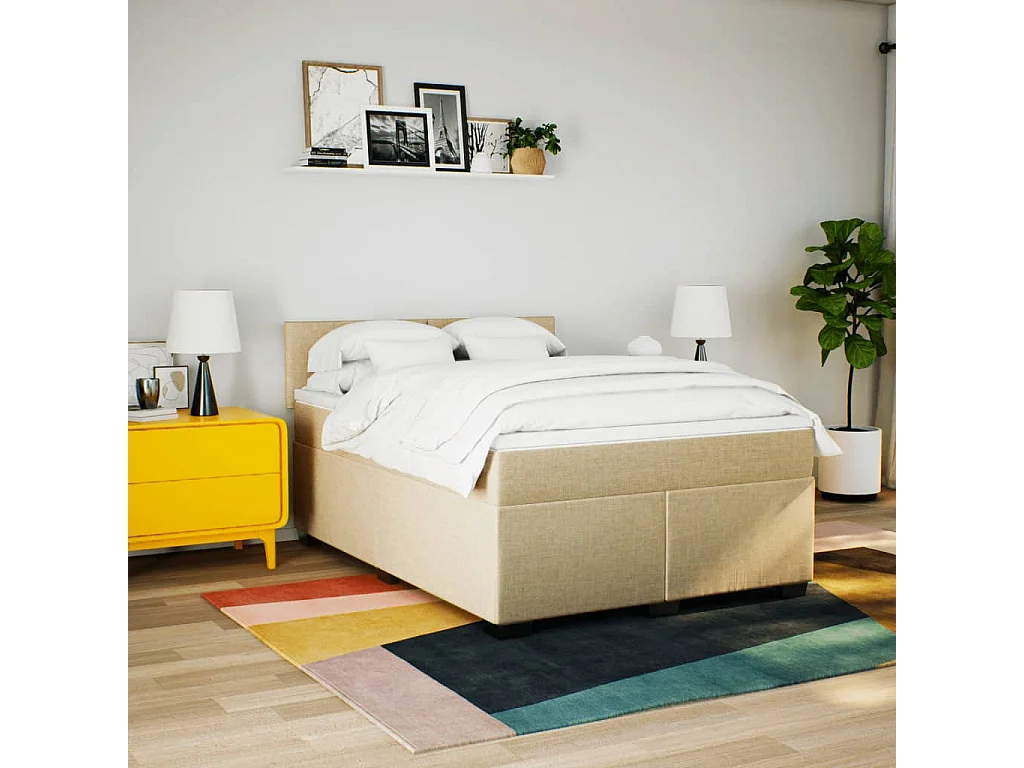 Cama box spring con colchón tela color crema 160x200 cm