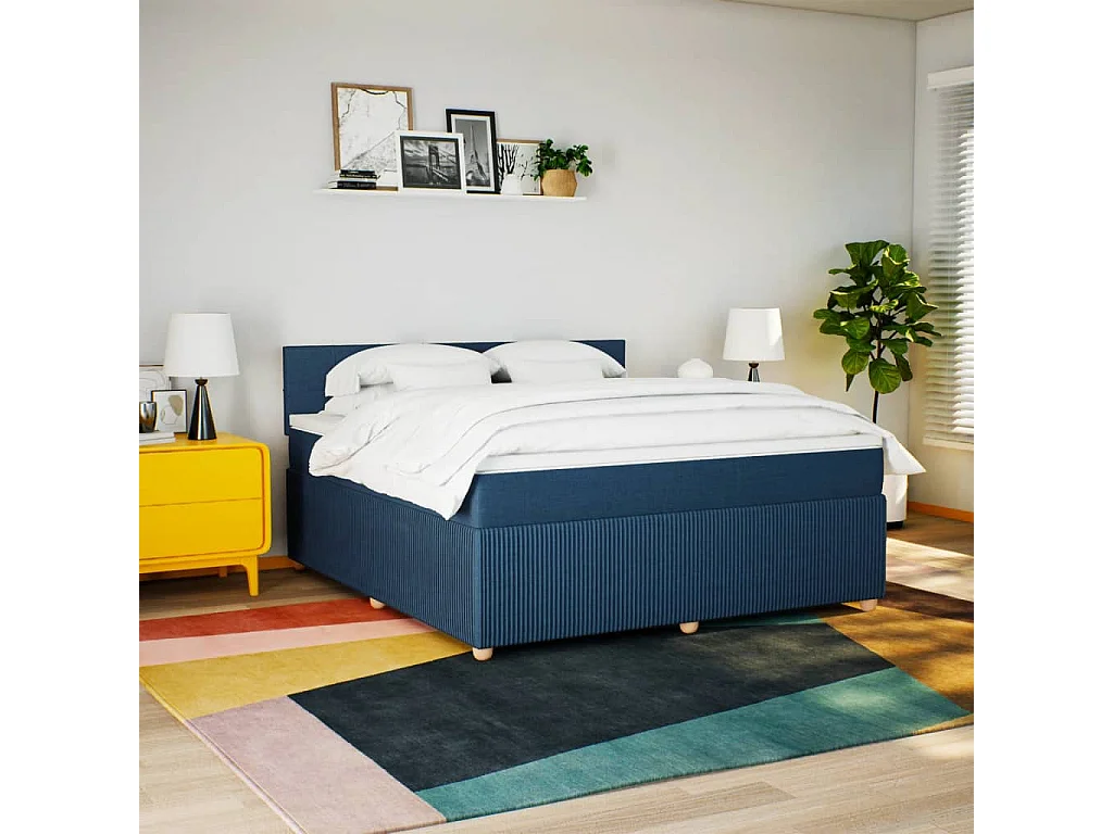 Cama box spring con colchón tela azul 180x200 cm