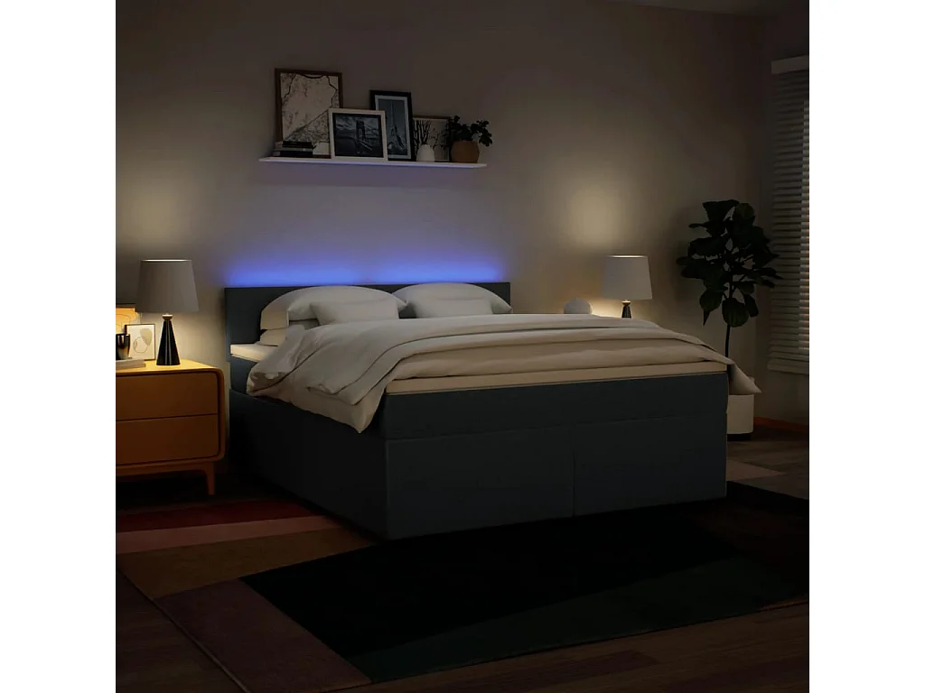 Cama box spring con colchón tela azul 180x200 cm