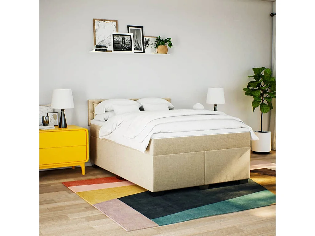 Cama box spring con colchón tela color crema 160x200 cm