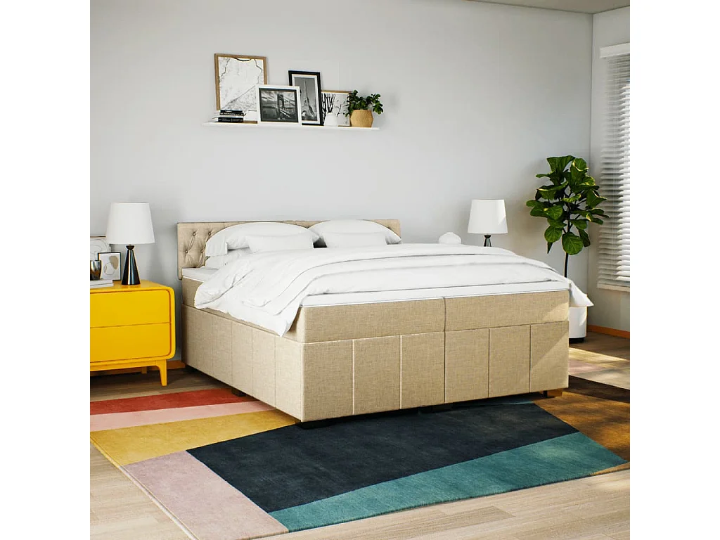 Cama box spring con colchón tela color crema 200x200 cm