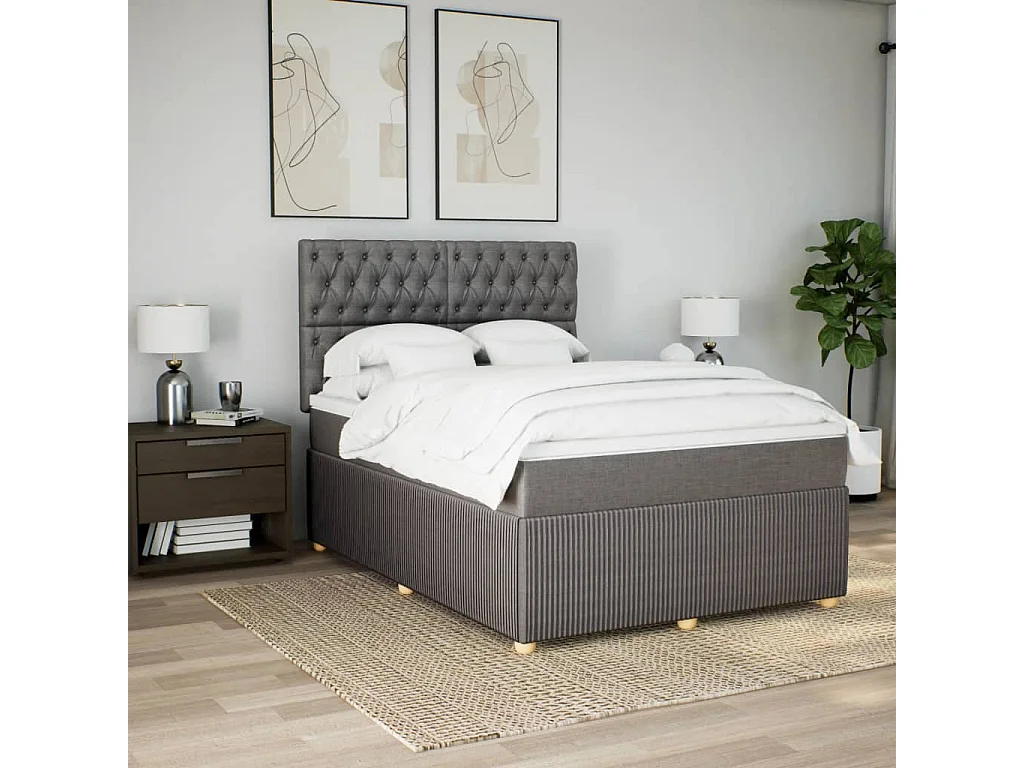 Cama box spring con colchón tela gris taupe 140x200 cm