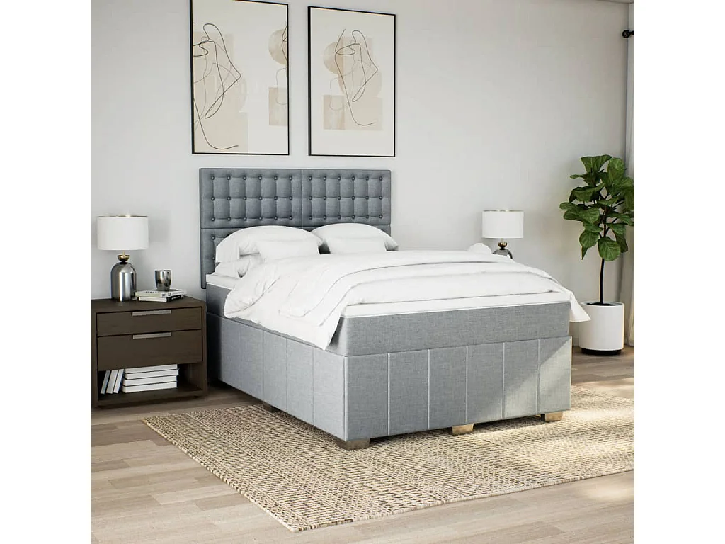 Cama box spring con colchón tela gris claro 160x200 cm
