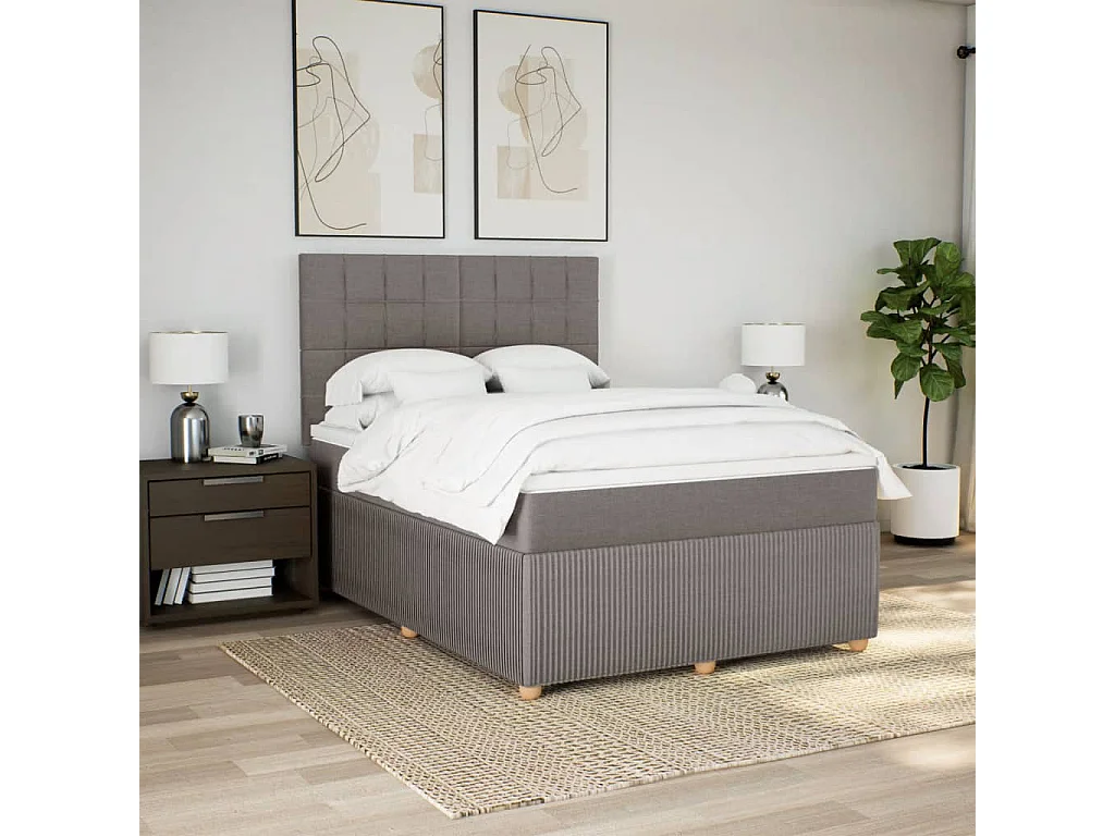 Cama box spring con colchón tela gris taupe 140x190 cm