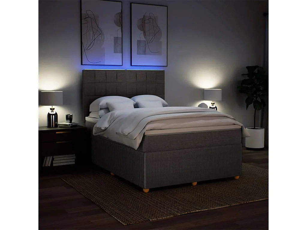 Cama box spring con colchón tela gris taupe 140x190 cm