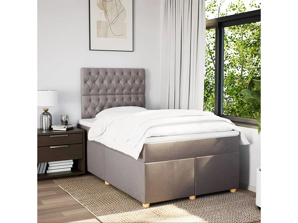 Cama box spring con colchón tela gris taupe 120x200 cm