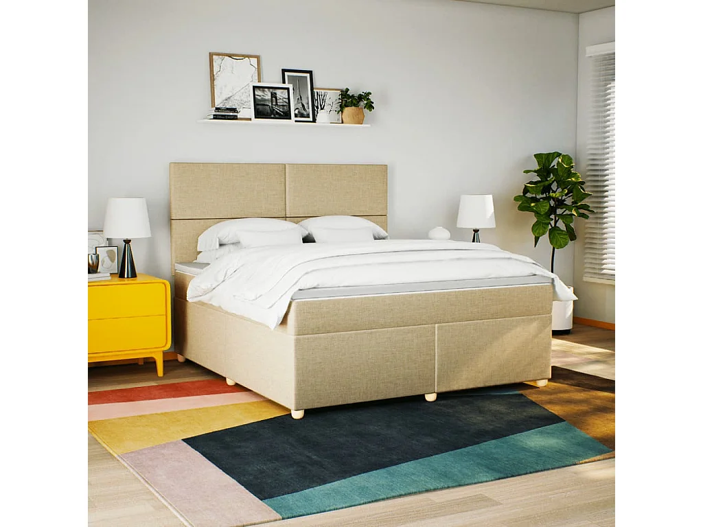 Cama box spring con colchón tela color crema 180x200 cm