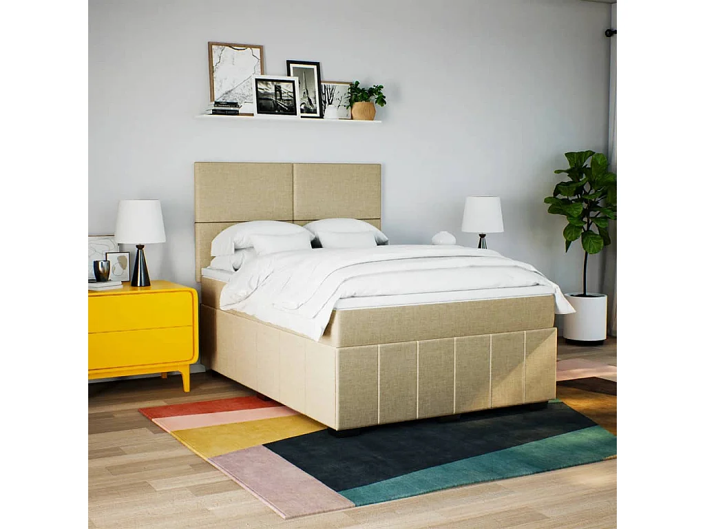 Cama box spring con colchón tela color crema 140x200 cm