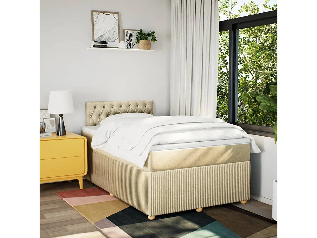 Cama box spring con colchón tela color crema 120x200 cm