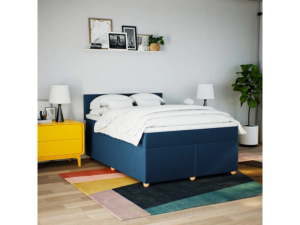 Cama box spring con colchón tela azul 160x200 cm