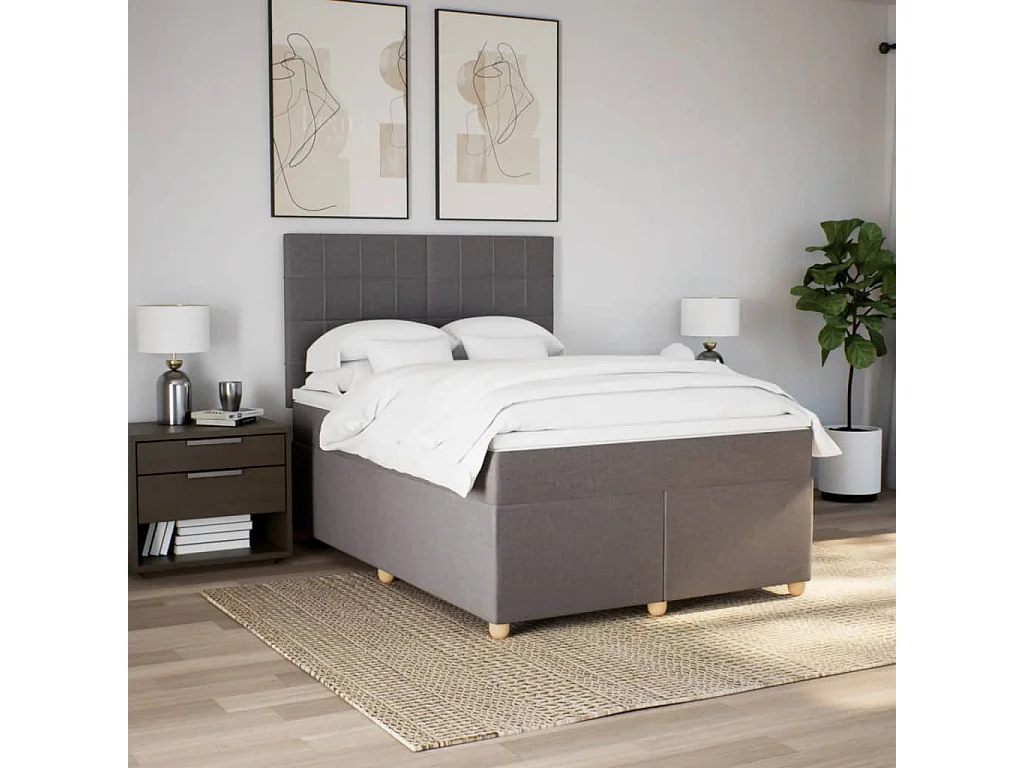 Cama box spring con colchón tela gris taupe 160x200 cm