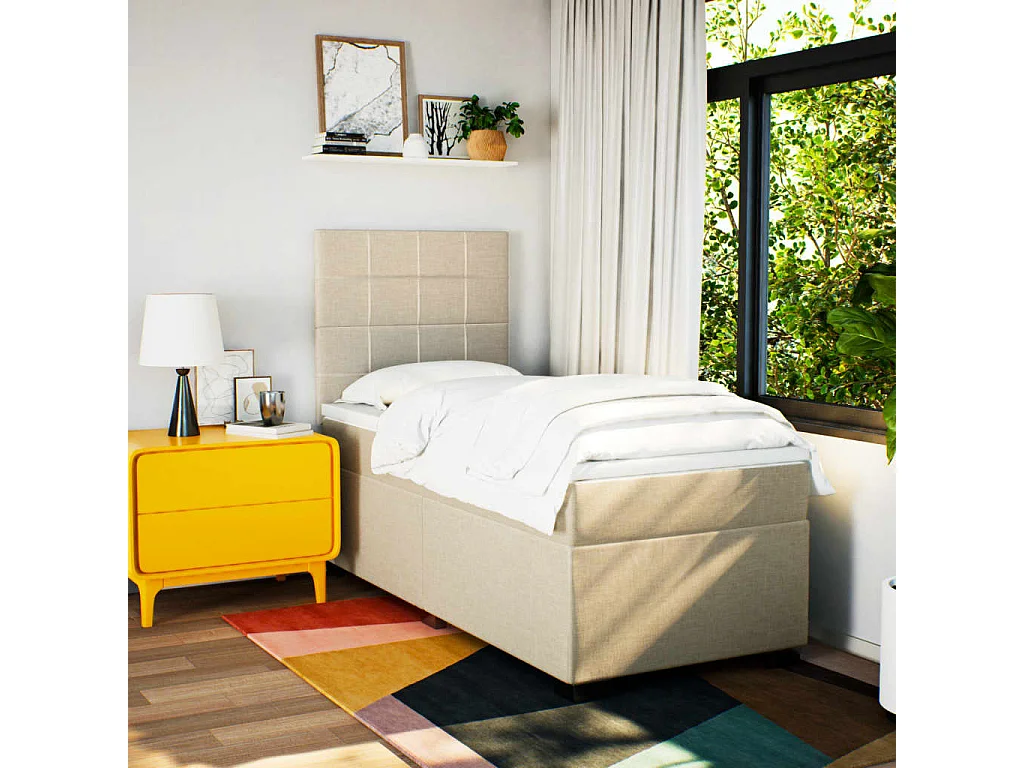 Cama box spring con colchón tela color crema 80x200 cm