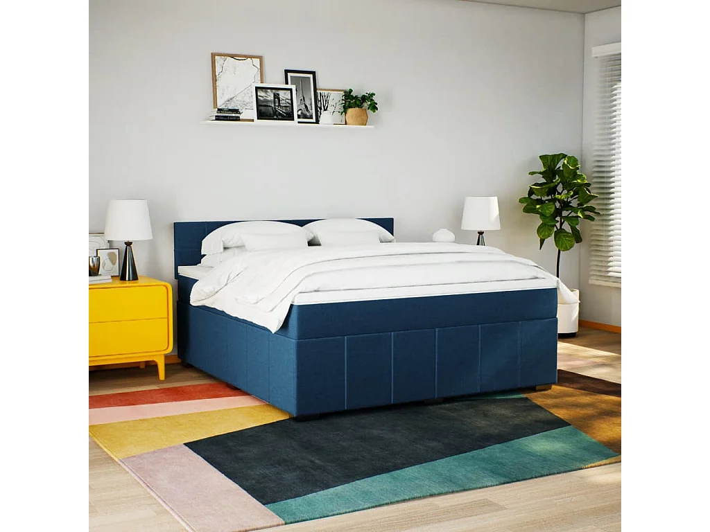 Cama box spring con colchón tela azul 180x200 cm