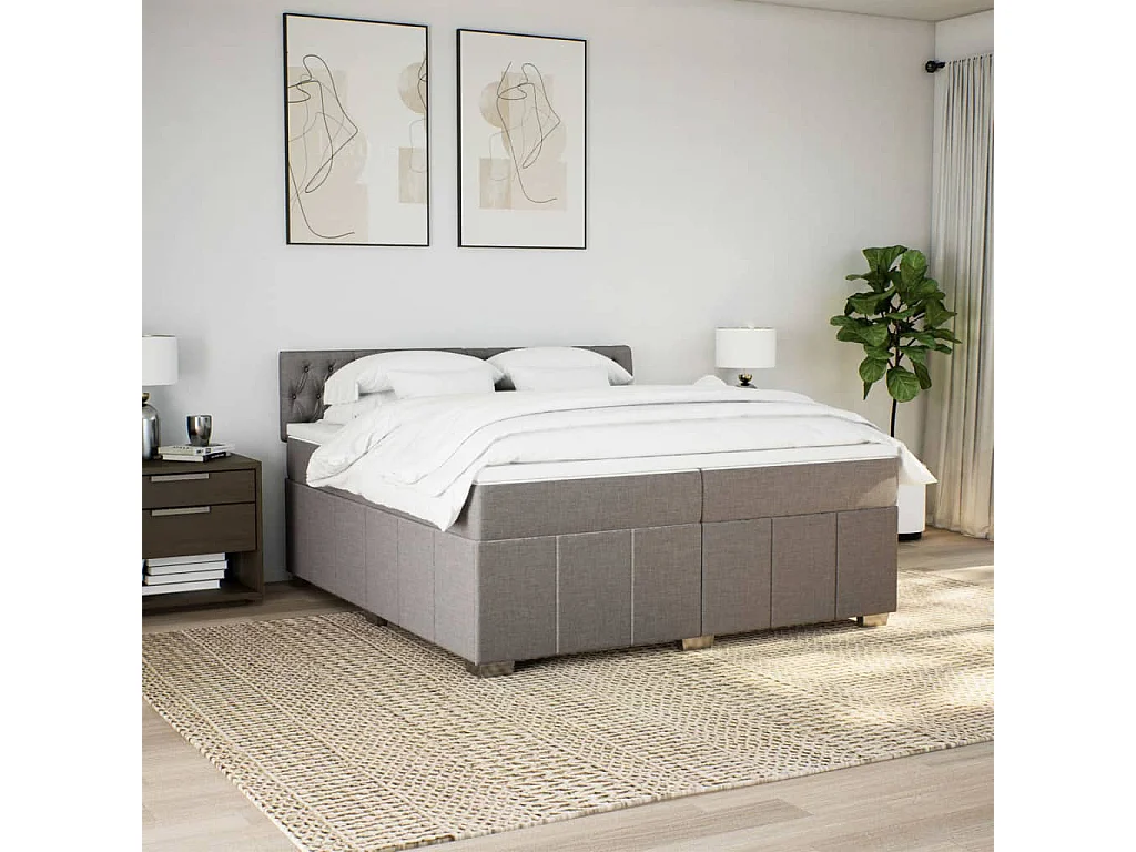 Cama box spring con colchón tela gris taupe 200x200 cm