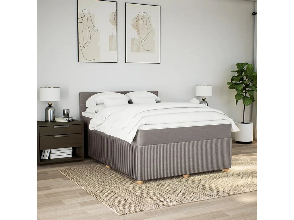 Cama box spring con colchón tela gris taupe 140x200 cm