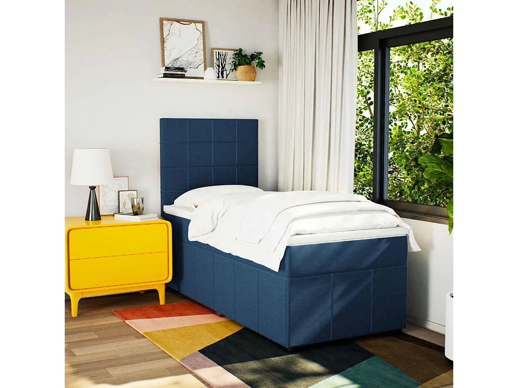Cama box spring con colchón tela azul 90x200 cm