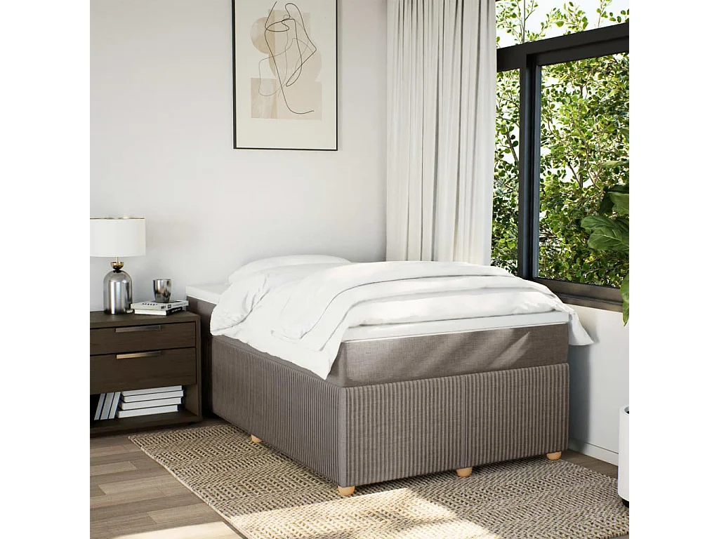 Cama box spring con colchón tela gris taupe 120x190 cm
