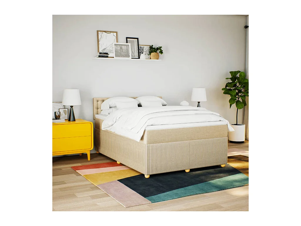 Cama box spring con colchón tela color crema 140x190 cm