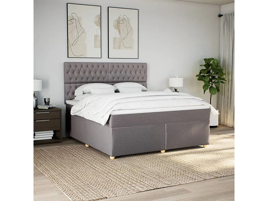 Cama box spring con colchón tela gris taupe 180x200 cm