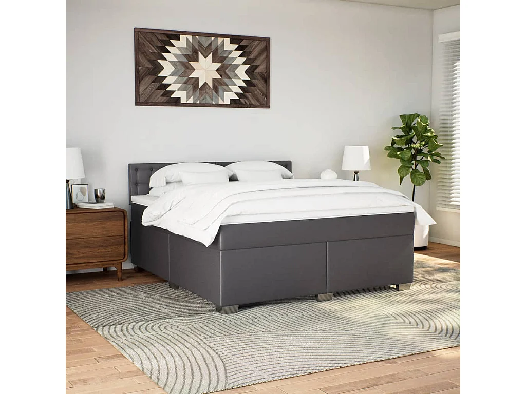 Cama box spring con colchón cuero sintético gris 180x200 cm