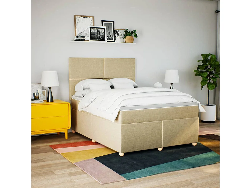 Cama box spring con colchón tela color crema 140x200 cm