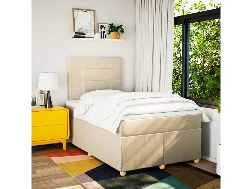 Cama box spring con colchón tela color crema 120x200 cm