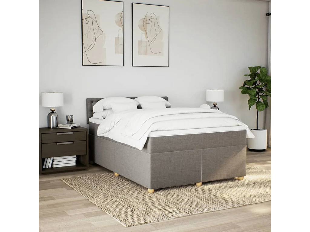 Cama box spring con colchón tela gris taupe 140x190 cm