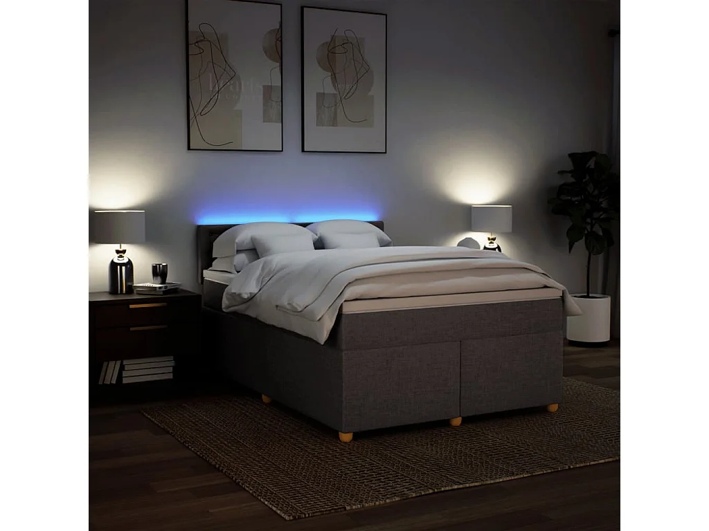 Cama box spring con colchón tela gris taupe 140x190 cm