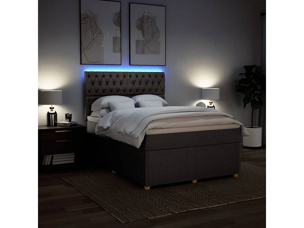 Cama box spring con colchón tela gris taupe 140x190 cm