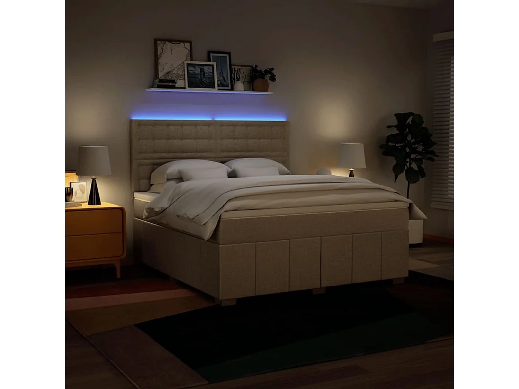 Cama box spring con colchón tela color crema 180x200 cm