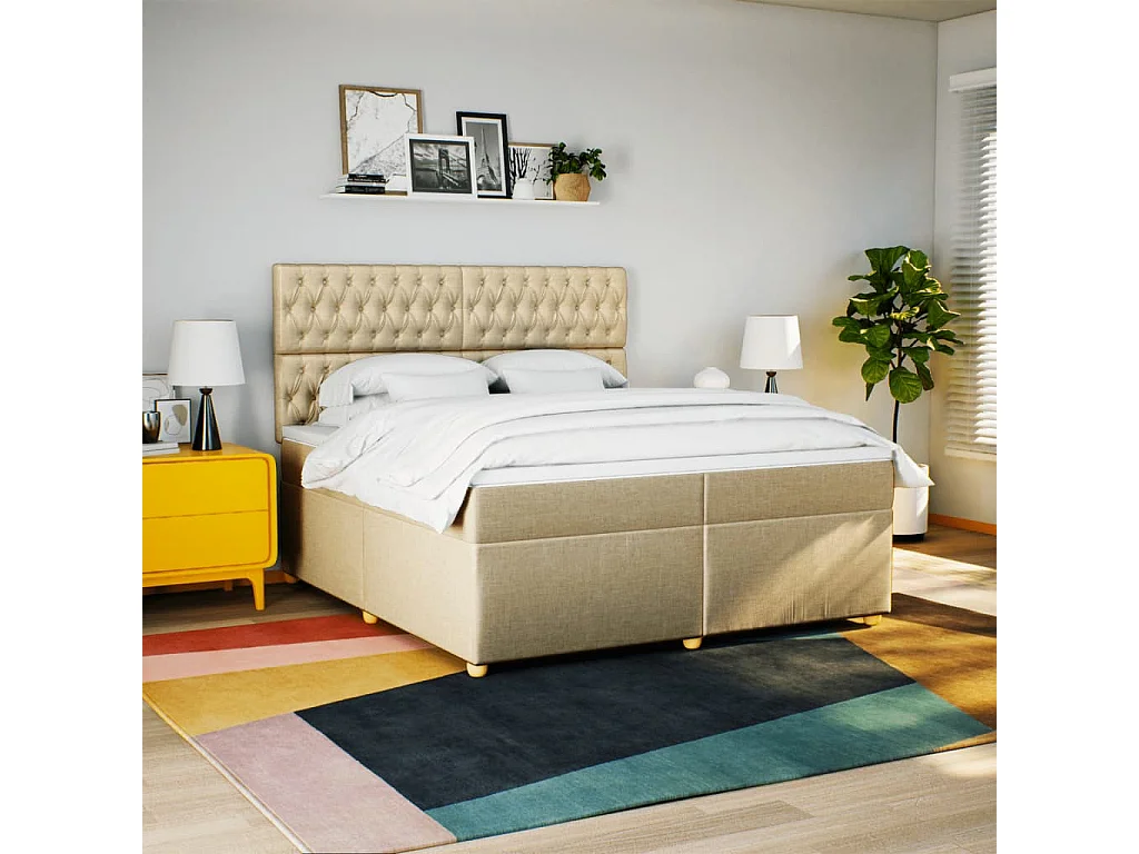 Cama box spring con colchón tela color crema 200x200 cm
