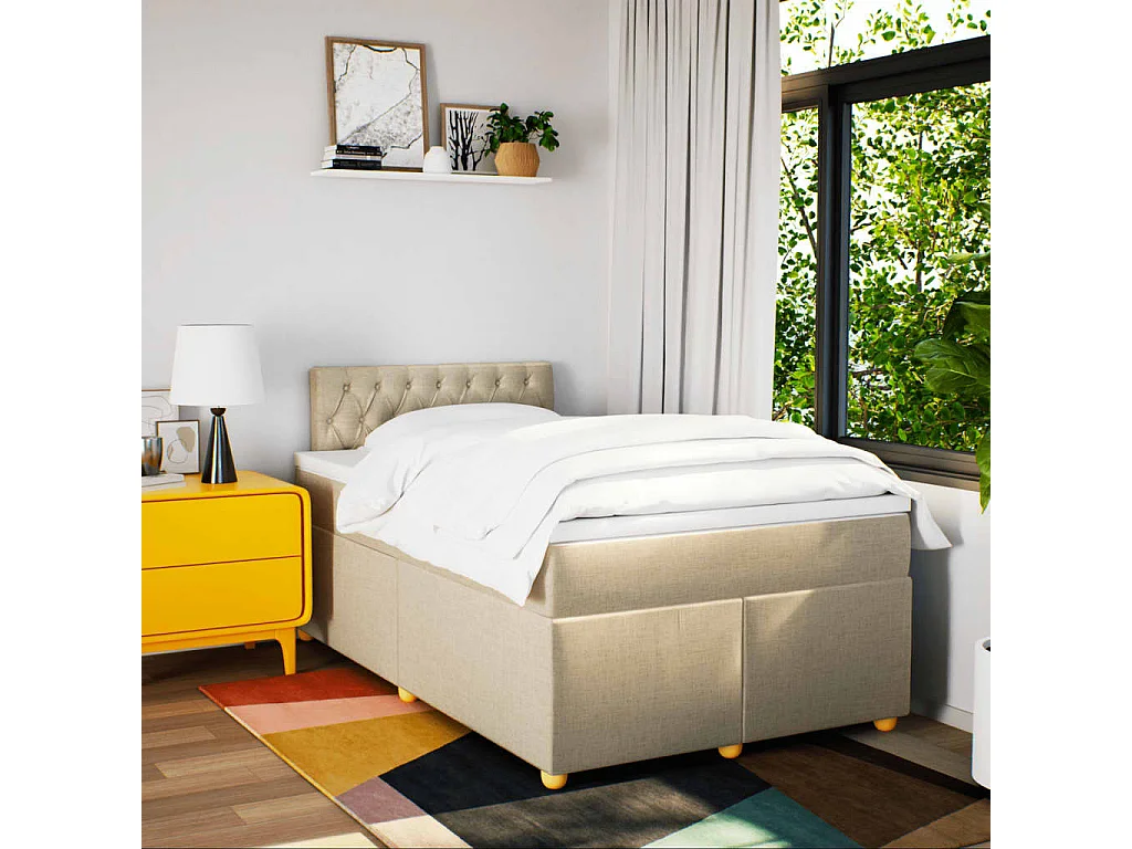 Cama box spring con colchón tela color crema 120x190 cm