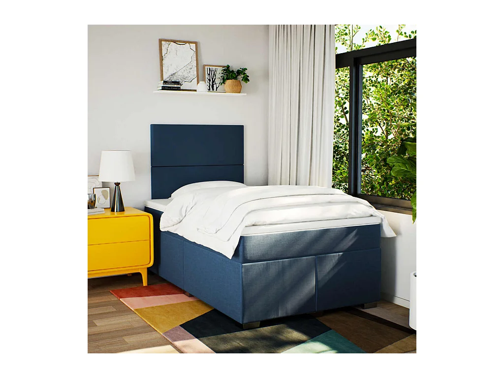 Cama boxspring com colchão 120x190 cm tecido azul