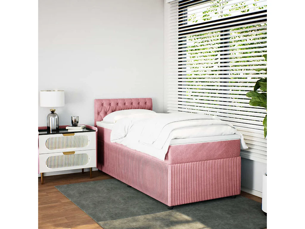 Cama box spring con colchón terciopelo rosa 100x200 cm