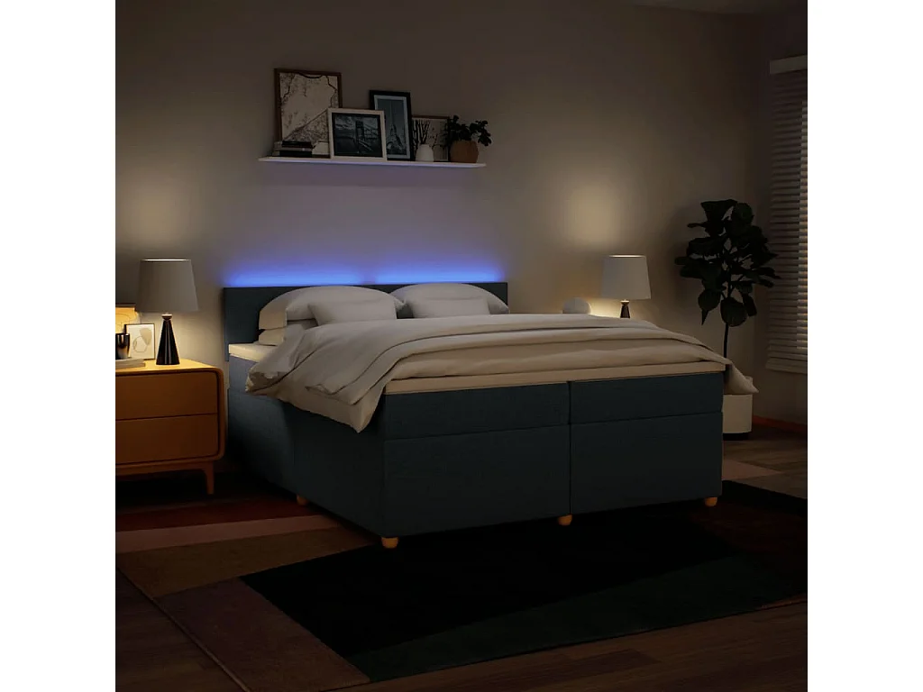 Cama box spring con colchón tela azul 200x200 cm