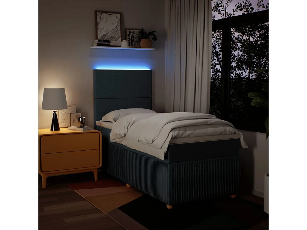 Cama box spring con colchón tela azul 90x190 cm