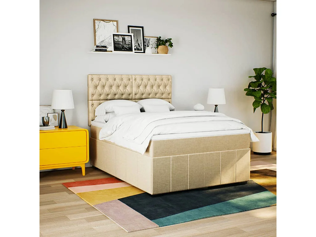 Cama box spring con colchón tela color crema 140x200 cm