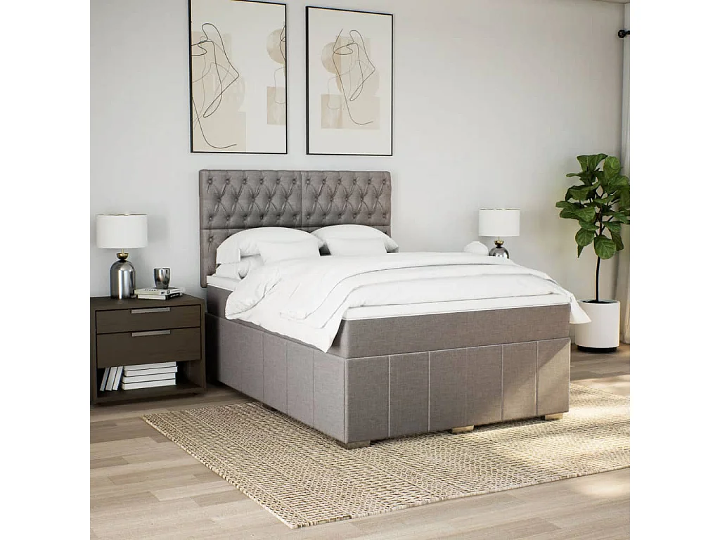 Cama box spring con colchón tela gris taupe 140x200 cm