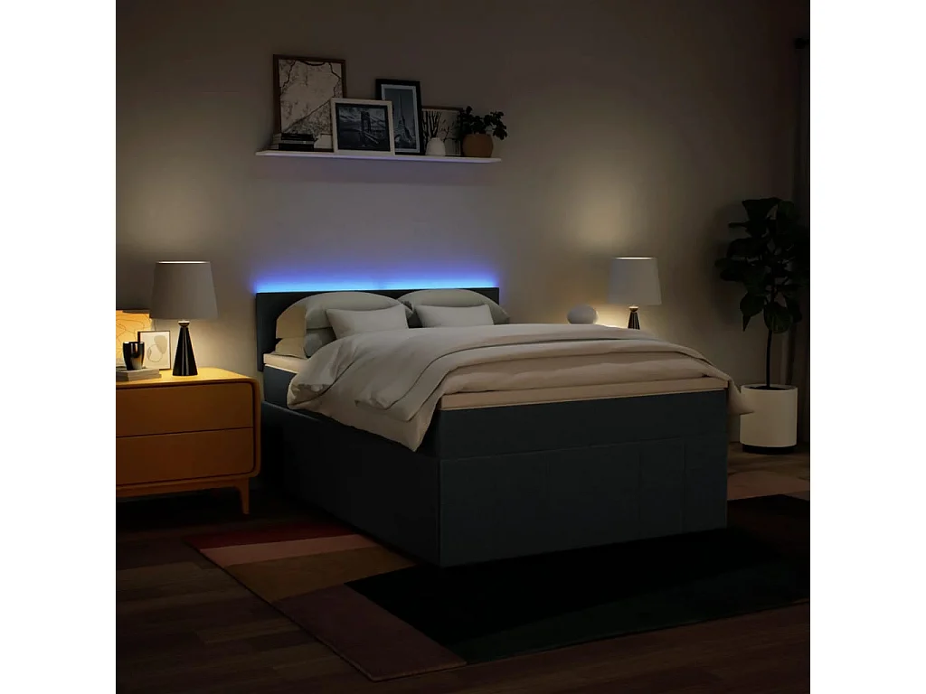 Cama box spring con colchón tela azul 160x200 cm