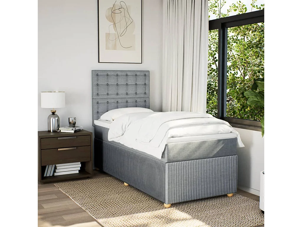 Cama box spring con colchón tela gris claro 90x200 cm