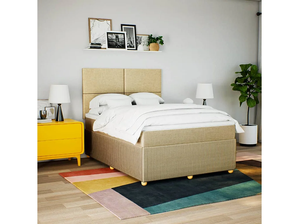 Cama box spring con colchón tela color crema 140x190 cm