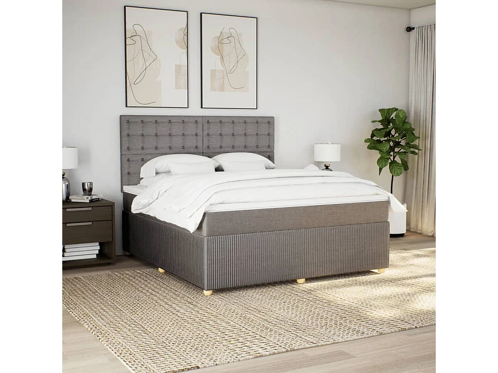 Cama box spring con colchón tela gris taupe 180x200 cm