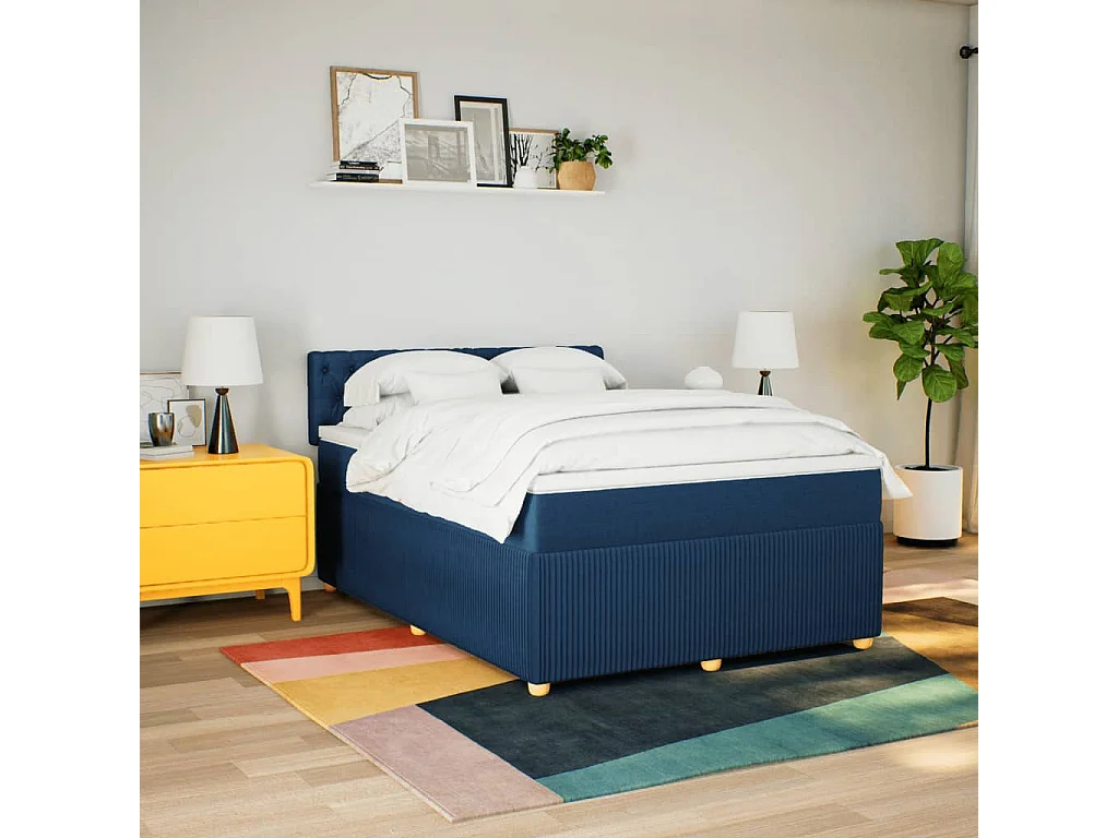 Cama box spring con colchón tela azul 140x200 cm