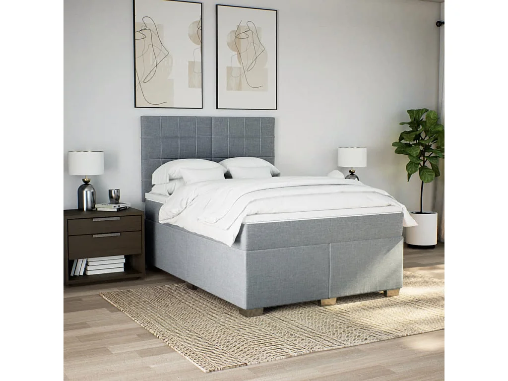 Cama box spring con colchón tela gris claro 160x200 cm