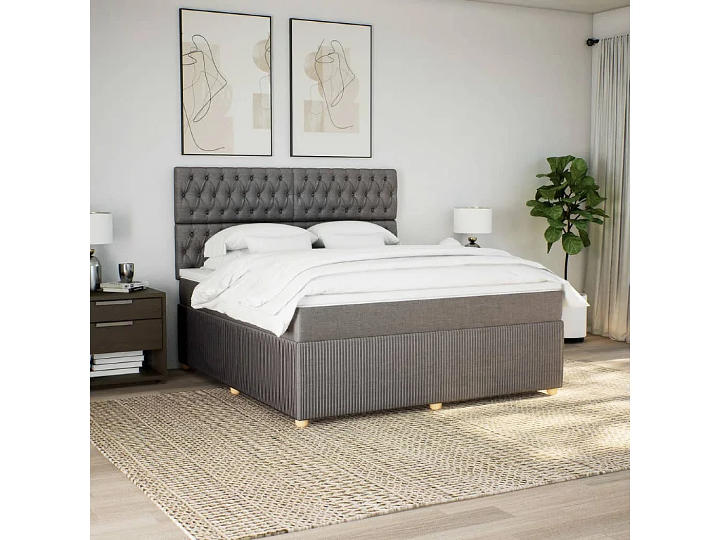 Cama box spring con colchón tela gris taupe 180x200 cm