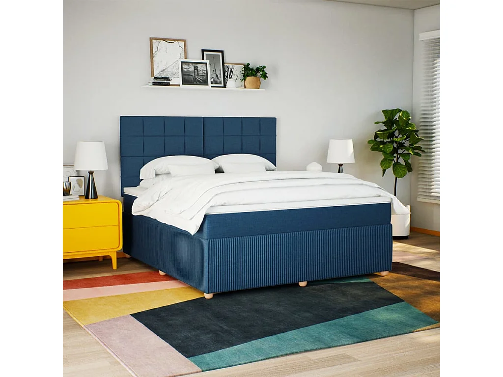 Cama box spring con colchón tela azul 180x200 cm
