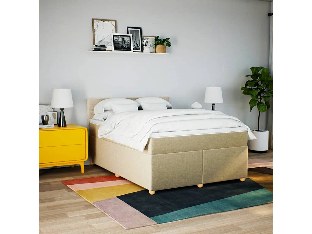Cama box spring con colchón tela color crema 160x200 cm